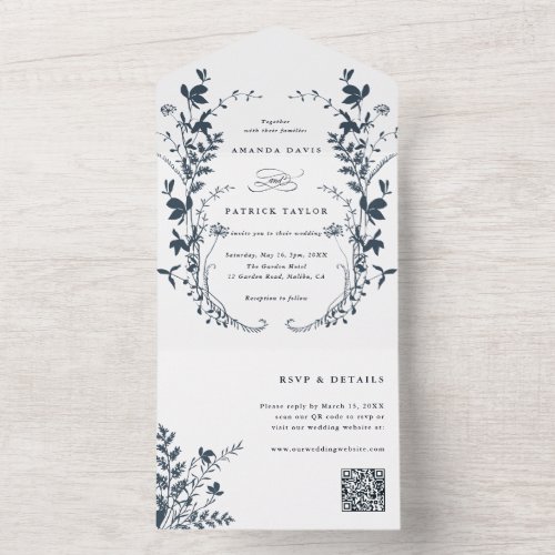 Navy Blue Wildflower Silhouette Wreath Wedding All In One Invitation