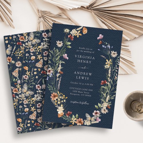 Navy Blue Wildflower Wedding Invitation