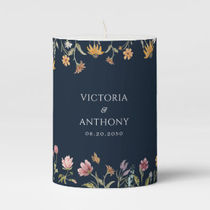 Navy Blue Wildflower Wedding Pillar Candle