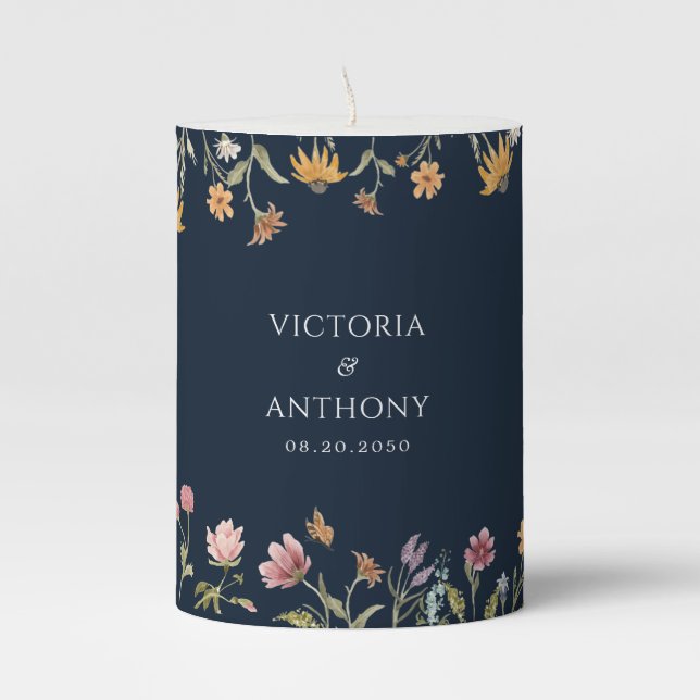 Navy Blue Wildflower Wedding Pillar Candle (Front)