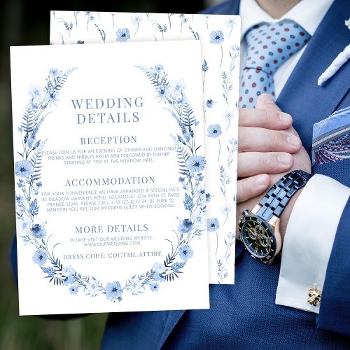 Navy blue wildflower wreath wedding details cards