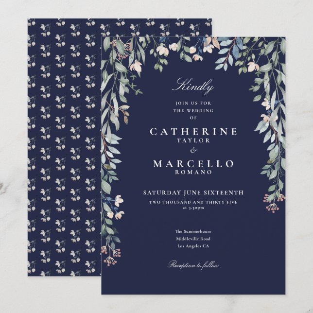 Navy Blue Wildflowers Floral Greenery Wedding Invitation (Front/Back)