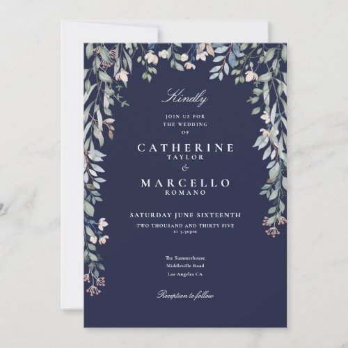 Navy Blue Wildflowers Floral QR Code Wedding Invitation