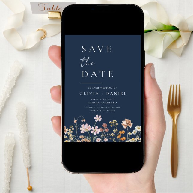Navy Blue Wildflowers Photo Boho Save the Date (Front Digital)