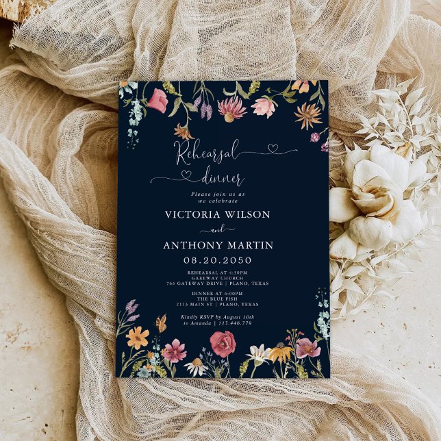 Navy Blue Wildflowers Rehearsal Dinner Invitation (Creator Uploaded)