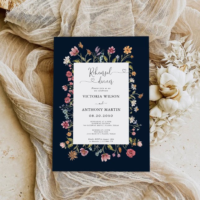 Navy Blue Wildflowers Rehearsal Dinner Invitation (Creator Uploaded)