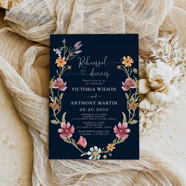 Navy Blue Wildflowers Rehearsal Dinner Invitation (Creator Uploaded)