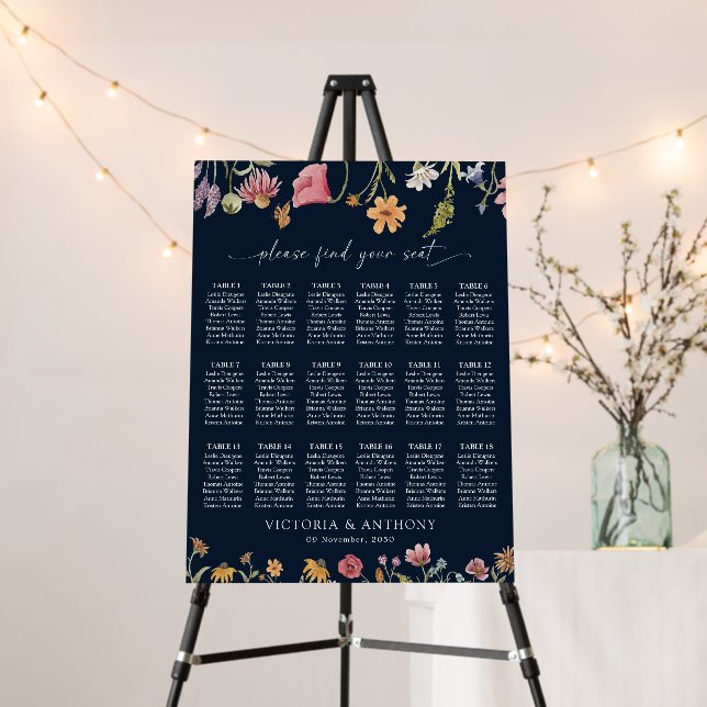 Navy Blue Wildflowers Seating Chart Foam Boards (In Situ (Stand))