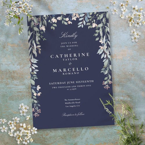 Navy Blue Wildflowers Watercolor Floral Wedding Invitation