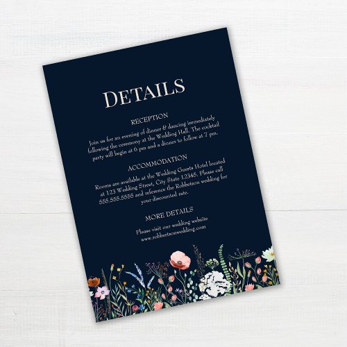 Navy Blue Wildflowers Wedding Details Card