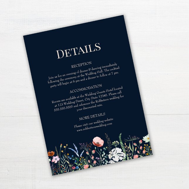 Navy Blue Wildflowers Wedding Details Card (Navy Blue Wildflowers Wedding Details Card on white wooden table.)