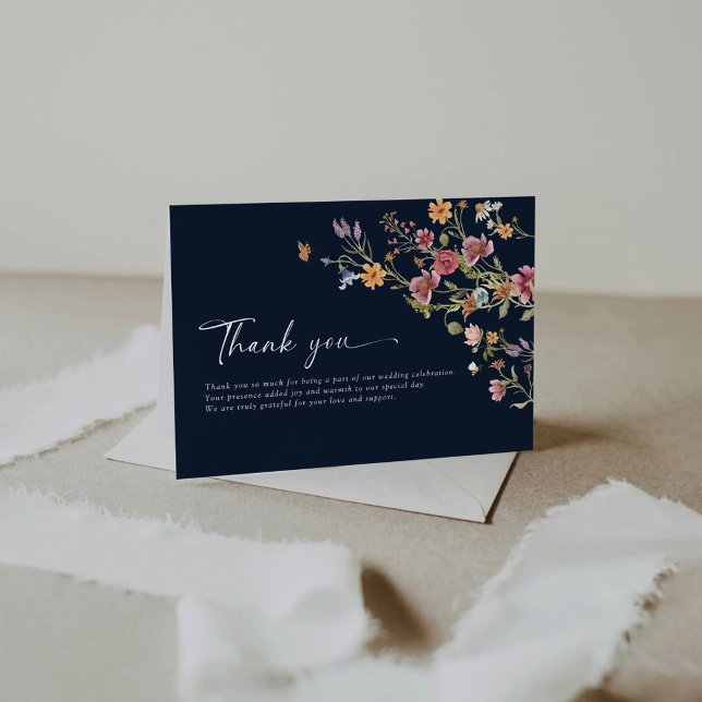 Navy Blue Wildflowers Wedding Flat Thank You Cards (Creator Uploaded)