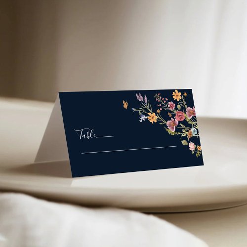 Navy Blue Wildflowers Wedding Folded Place Cards