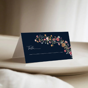 Navy Blue Wildflowers Wedding Folded Place Cards