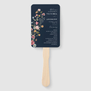 Navy Blue Wildflowers Wedding Program Hand Fan
