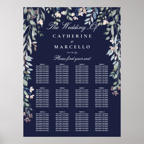 Navy Blue Wildflowers Wedding Seating Plan Chart