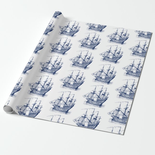 Navy-Blue Wind Sailing Boat 2 Pattern Tissue Paper (Unrolled)