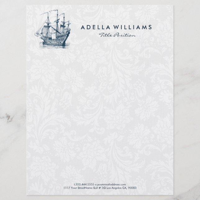 Navy blue wind sailing boat illustration letterhead (Front)