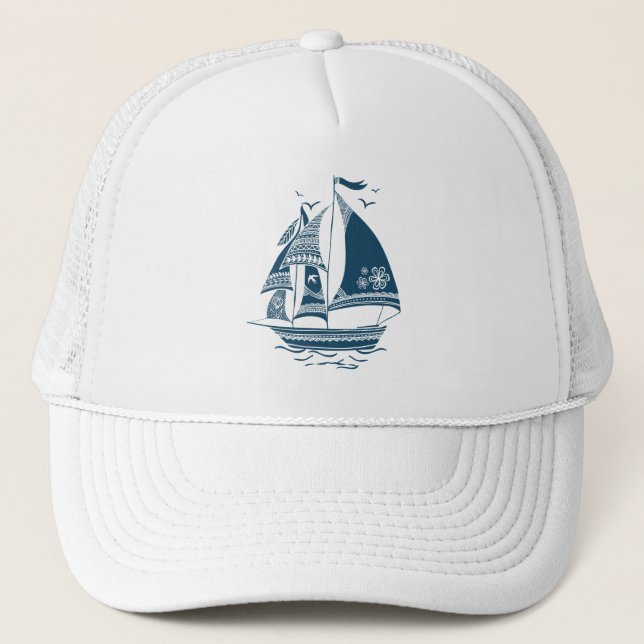Navy-Blue Wind Sailing Boat Trucker Hat (Front)