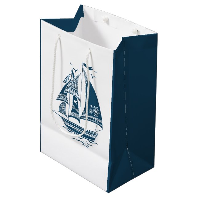 Navy-Blue Wind Sailing Nautical Boat Illustration Medium Gift Bag (Front Angled)
