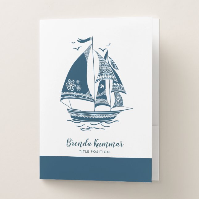 Navy-Blue Wind Sailing Tribal Boat Pocket Folder (Front)