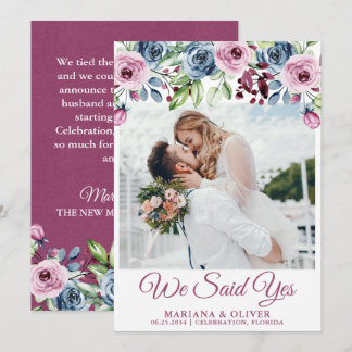 Navy Blue Wine Floral Wedding Announcement