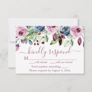 Navy Blue Wine Floral Wedding RSVP Card