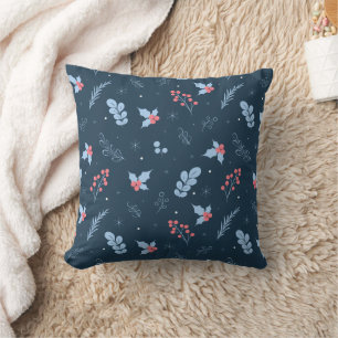 Navy Blue Winter Berries & Snowflakes Throw Pillow