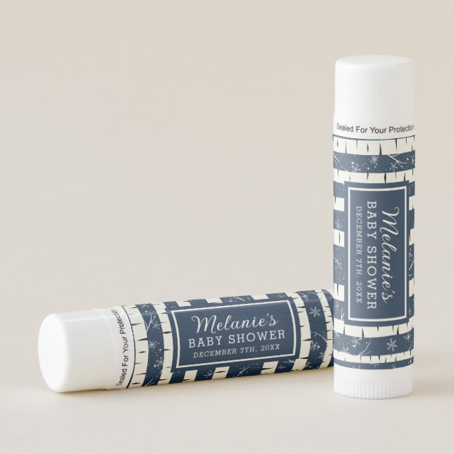 Navy Blue Winter Birch Baby Shower Lip Balm Favor (Front)