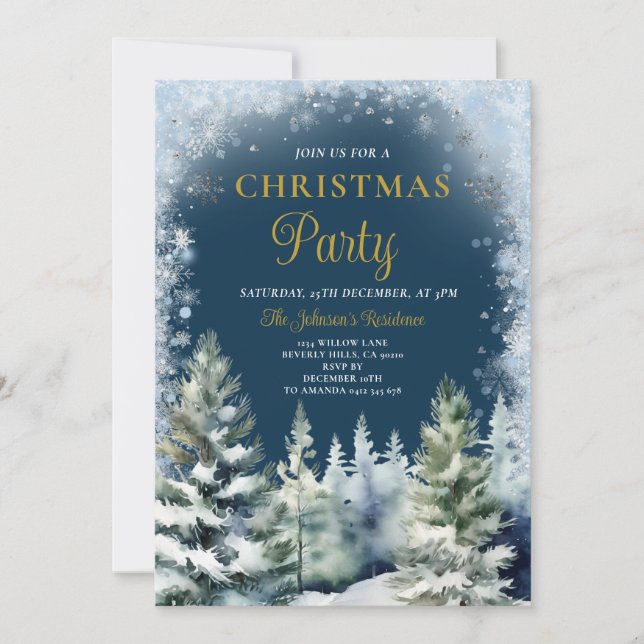 Navy Blue Winter Christmas Party Silver Snowflakes Invitation (Front)