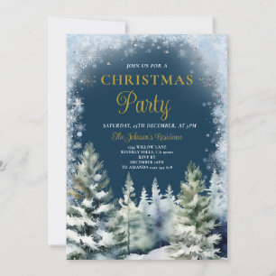 Navy Blue Winter Christmas Party Silver Snowflakes Invitation