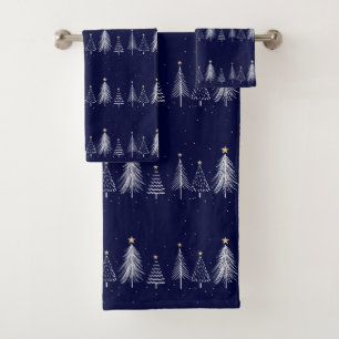 Navy Blue Winter Christmas Pine Tree Topper Star  Bath Towel Set