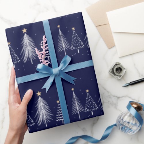 Navy Blue Winter Christmas Pine Trees Pattern   Wrapping Paper