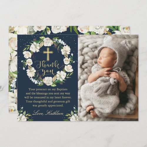 Navy Blue Winter Floral Baptism Thank you Card