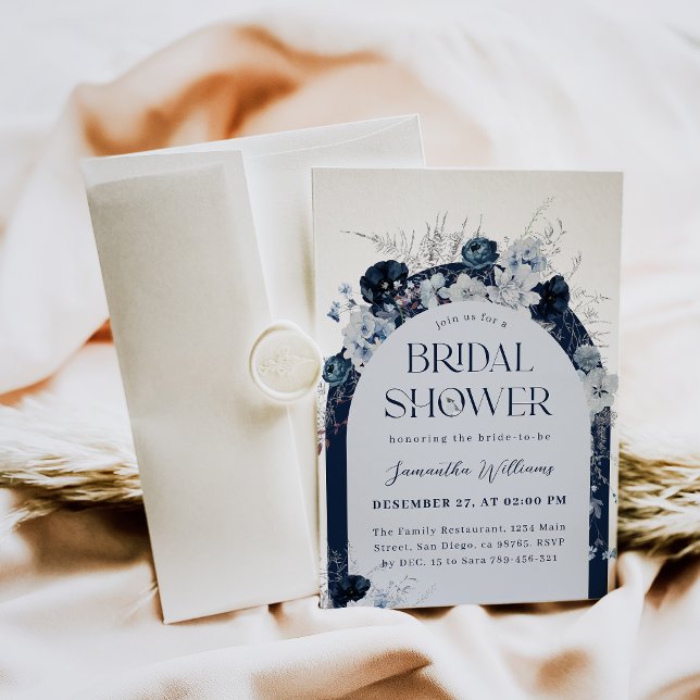 Navy Blue Winter Floral Boho Bridal Shower Invitation (Creator Uploaded)