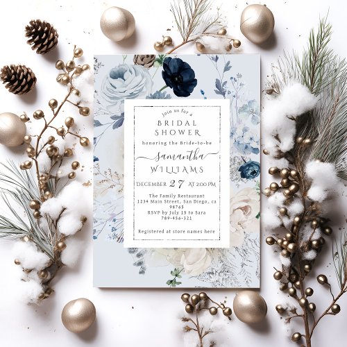 Navy Blue Winter Floral Boho Bridal Shower Invitation