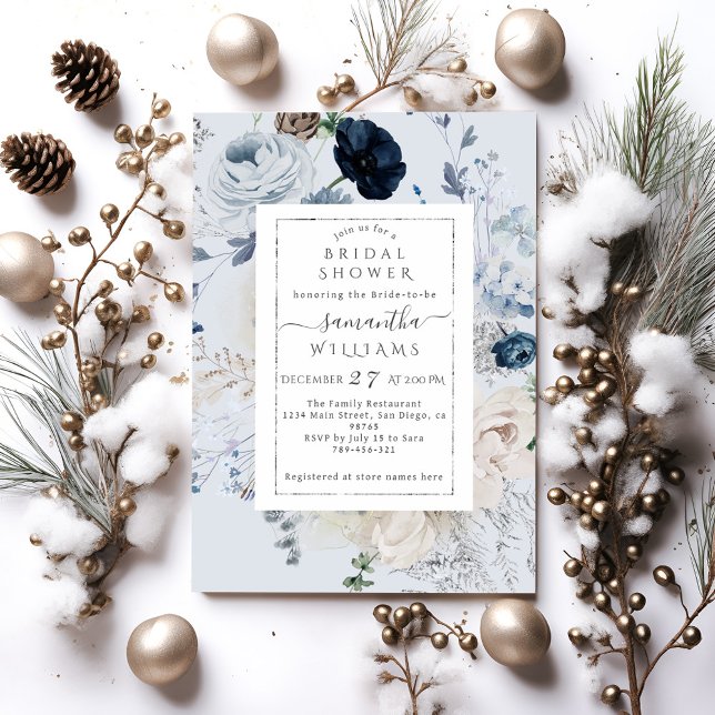 Navy Blue Winter Floral Boho Bridal Shower Invitation (Creator Uploaded)