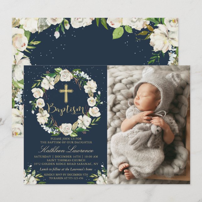 Navy Blue Winter Floral Girl Baptism Photo Invitation (Front/Back)