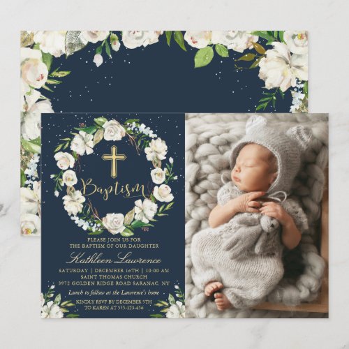 Navy Blue Winter Floral Girl Baptism Photo Invitation