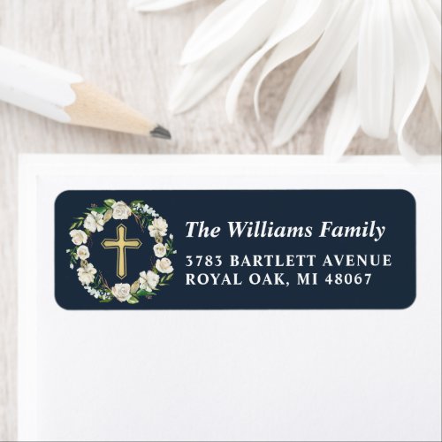 Navy Blue Winter Floral Gold Cross Return Address Label