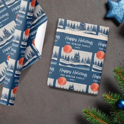 Navy Blue Winter Landscape Forest Moon Drawing  Wrapping Paper