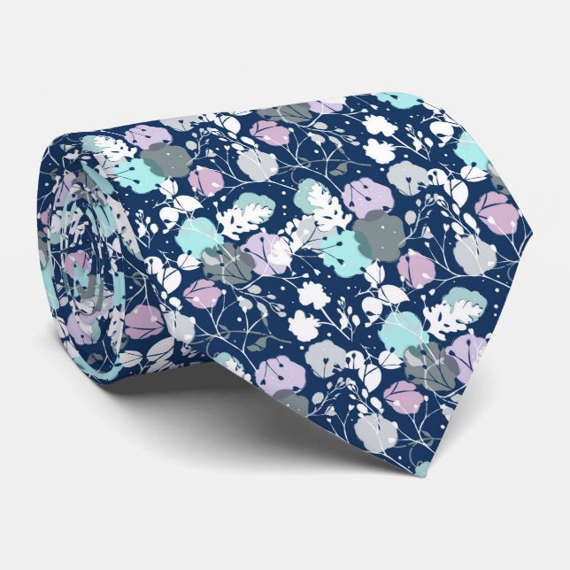Navy Blue Winter Leaves Neck Tie (Rolled)