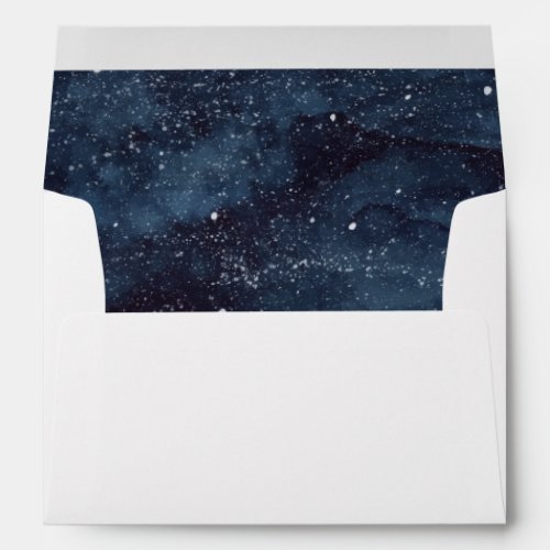 Navy Blue Winter Night Snow Scene Wedding Envelope - This envelope is able to be customized with your address and features a watercolor winter wonderland on the inside.