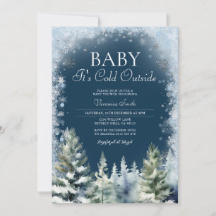 Navy Blue Winter Pine Tree Baby Shower Snowflakes Invitation