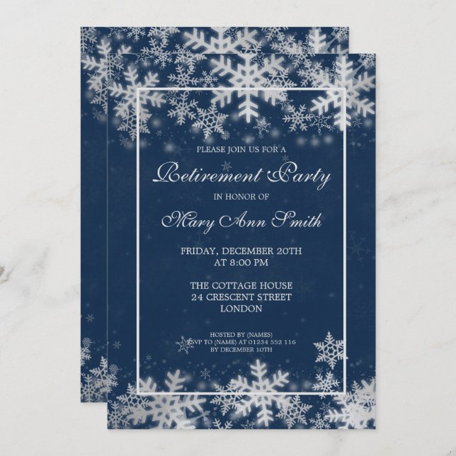 Navy Blue Winter Retirement Silver Snowflakes Invitation (Front/Back)
