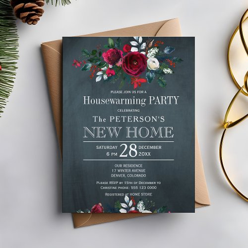 Navy Blue Winter Rustic Floral Housewarming Party Invitation