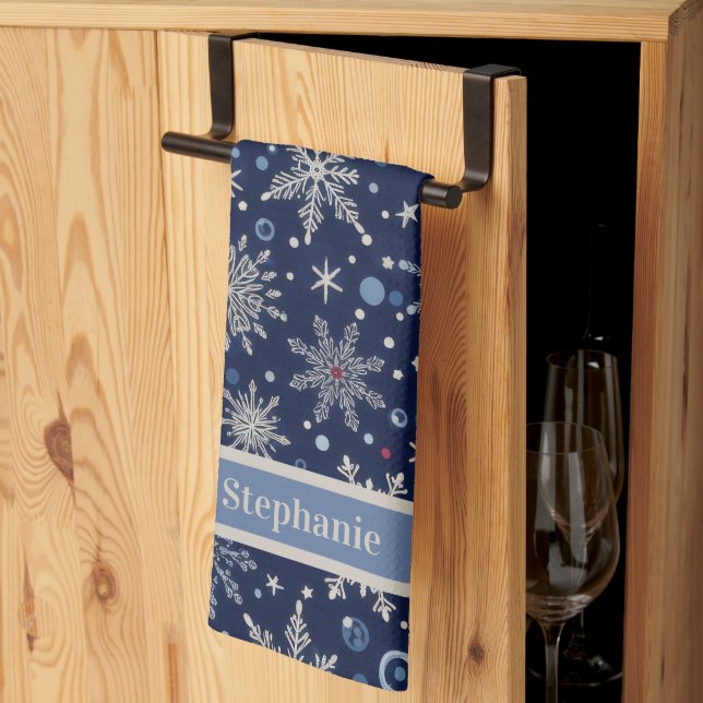 Navy Blue Winter Snowflake Custom Kitchen Towel (Thirds Fold)