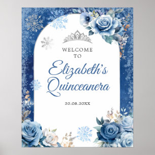 Navy Blue Winter Snowflake Mis Quince Welcome Poster