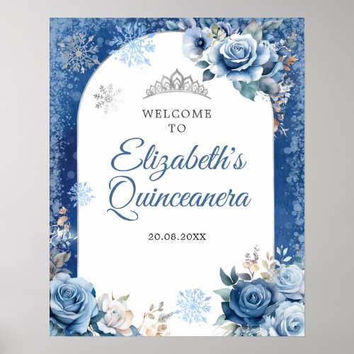 Navy Blue Winter Snowflake Mis Quince Welcome Poster