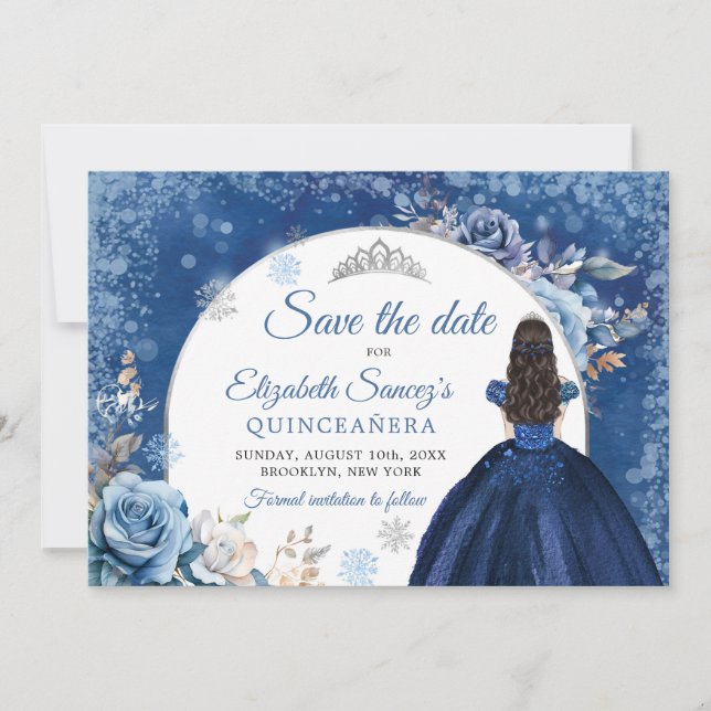 Navy Blue Winter Snowflake Quince Save The Date Invitation (Front)